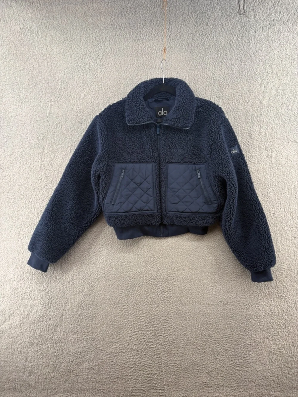 Alo Yoga Sherpa Edge Bomber Jacket Navy Cropped Teddy Fleece XS